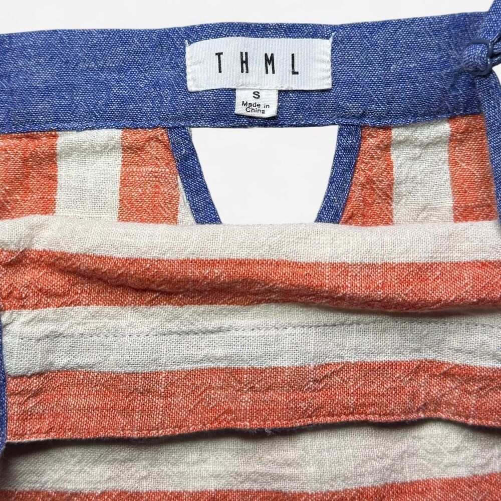 Coral and White Striped Babydoll top with Blue Detailing and Side Ties (Size S) - Picture 5 of 7